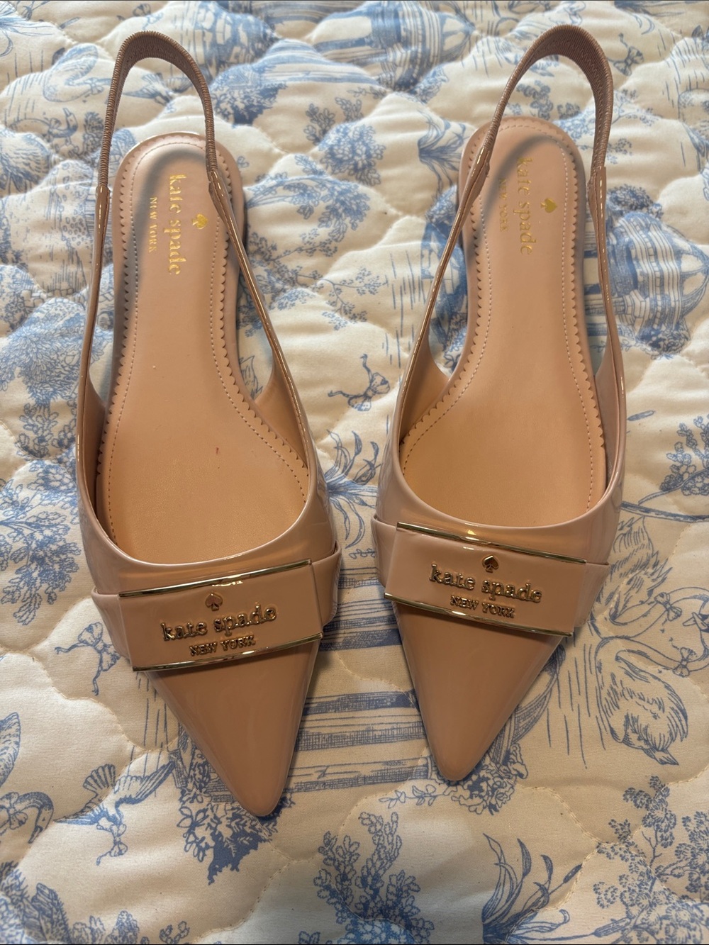 kate spade Nude Patent Pointed Slingback Flats with Gold Logo Plaque